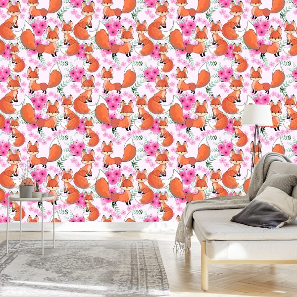 Behang Mooie Vossen Met Bloemen - Afbeelding 3