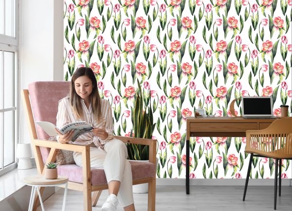 Behang Geschilderde Bloeiende Tulpen - Afbeelding 7