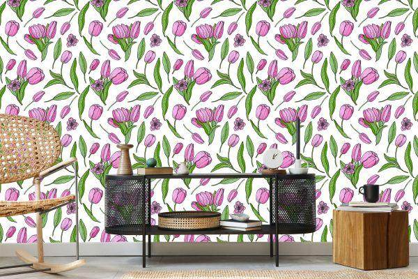 Behang Getekende Bloeiende Tulpen - Afbeelding 5