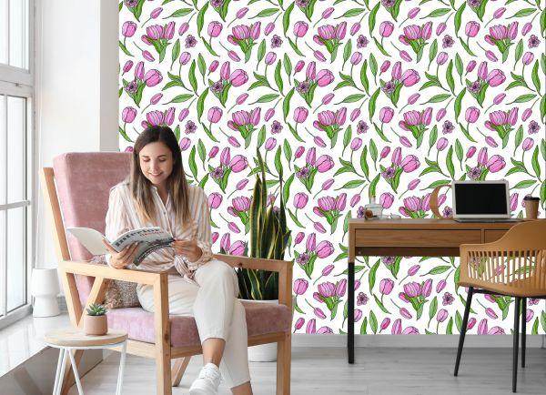 Behang Getekende Bloeiende Tulpen - Afbeelding 7