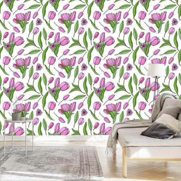 Behang Getekende Bloeiende Tulpen - Afbeelding 3