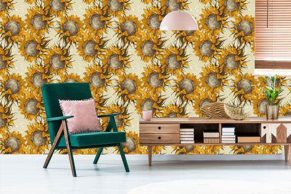 Behang Zonnebloembloemen In Vintage Stijl - Afbeelding 6