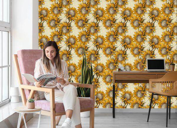 Behang Zonnebloembloemen In Vintage Stijl - Afbeelding 7
