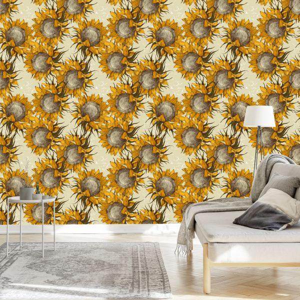 Behang Zonnebloembloemen In Vintage Stijl - Afbeelding 3