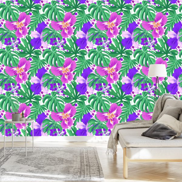 Behang Exotische Bloemen En Bladeren - Afbeelding 3