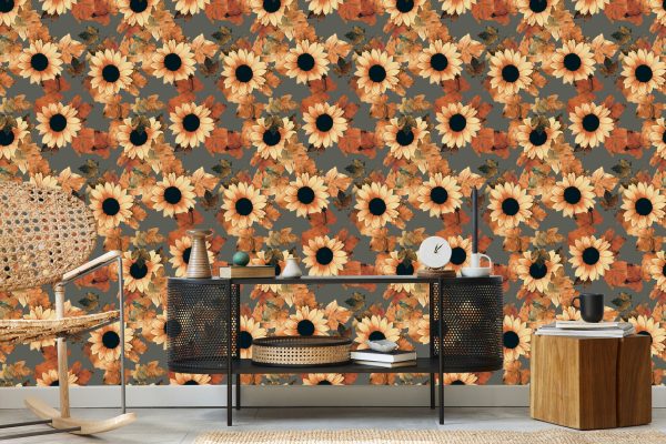 Behang Geschilderde Zonnebloemen Met Bladeren - Afbeelding 5