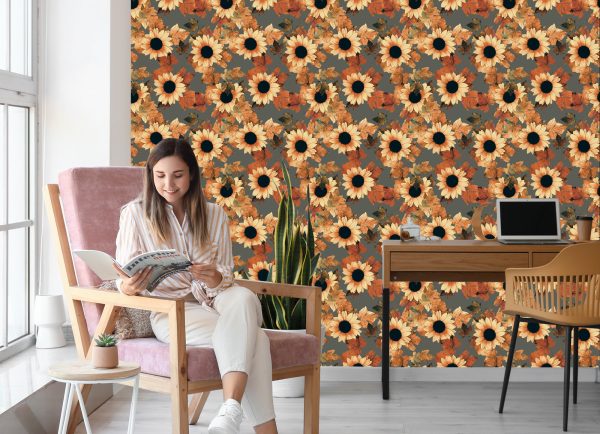 Behang Geschilderde Zonnebloemen Met Bladeren - Afbeelding 7