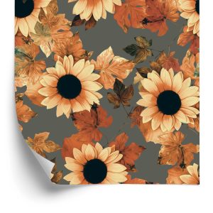 Behang Geschilderde Zonnebloemen Met Bladeren