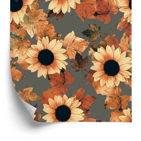 Behang Geschilderde Zonnebloemen Met Bladeren
