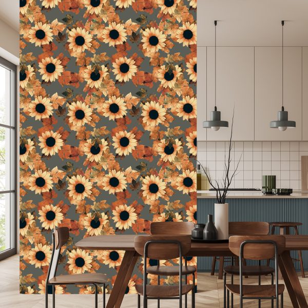 Behang Geschilderde Zonnebloemen Met Bladeren - Afbeelding 4