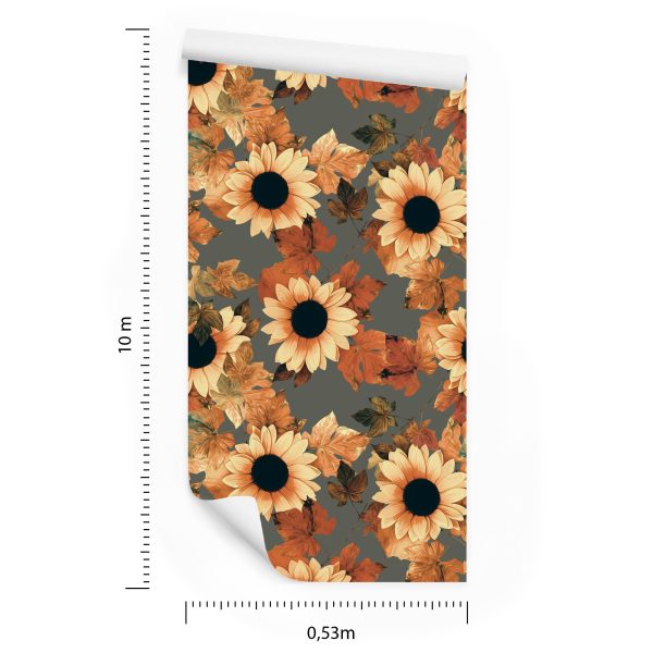 Behang Geschilderde Zonnebloemen Met Bladeren - Afbeelding 8