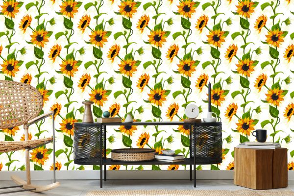 Behang Grote Zonnebloemen Met Bladeren - Afbeelding 5