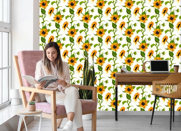 Behang Grote Zonnebloemen Met Bladeren - Afbeelding 7