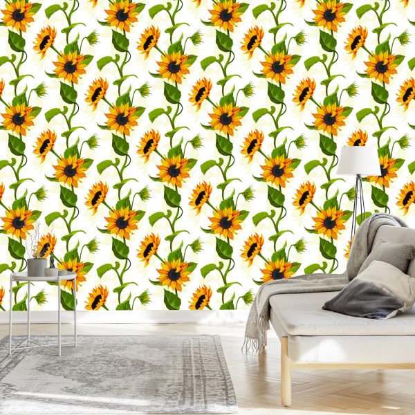 Behang Grote Zonnebloemen Met Bladeren - Afbeelding 3
