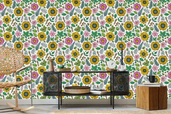 Behang Kleurrijke Zonnebloemen Met Planten - Afbeelding 5