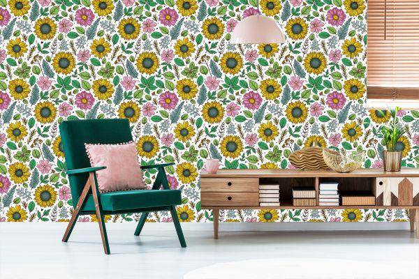 Behang Kleurrijke Zonnebloemen Met Planten - Afbeelding 6