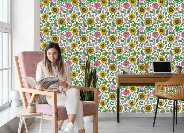 Behang Kleurrijke Zonnebloemen Met Planten - Afbeelding 7