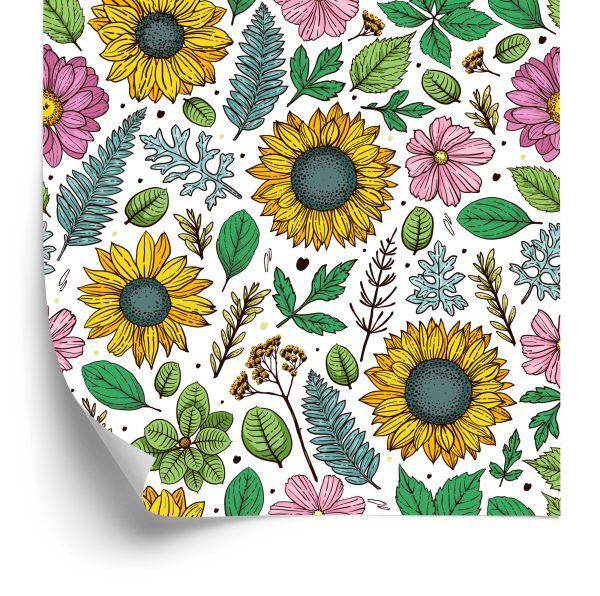 Behang Kleurrijke Zonnebloemen Met Planten