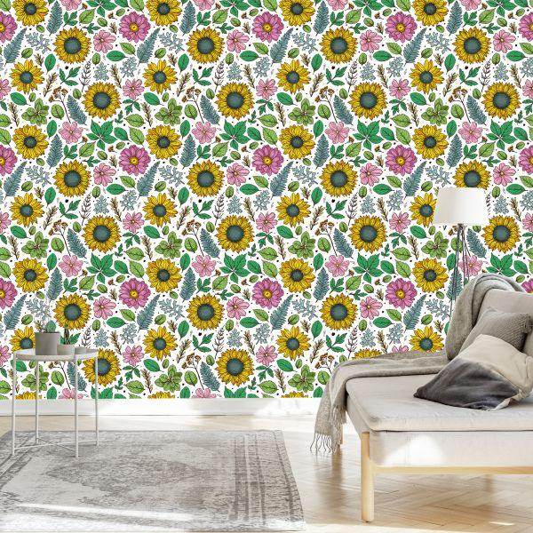 Behang Kleurrijke Zonnebloemen Met Planten - Afbeelding 3