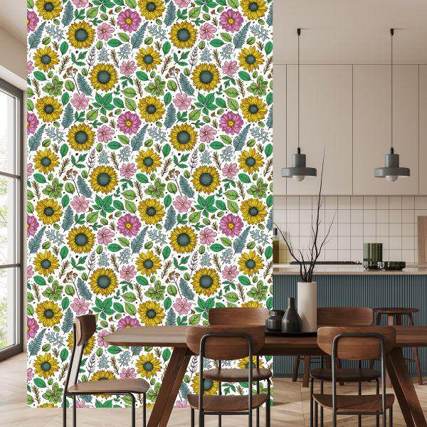 Behang Kleurrijke Zonnebloemen Met Planten - Afbeelding 4
