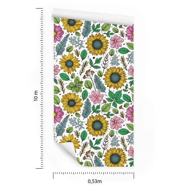 Behang Kleurrijke Zonnebloemen Met Planten - Afbeelding 8