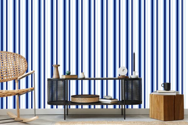 Behang Blauw - Witte Verticale Strepen - Afbeelding 5