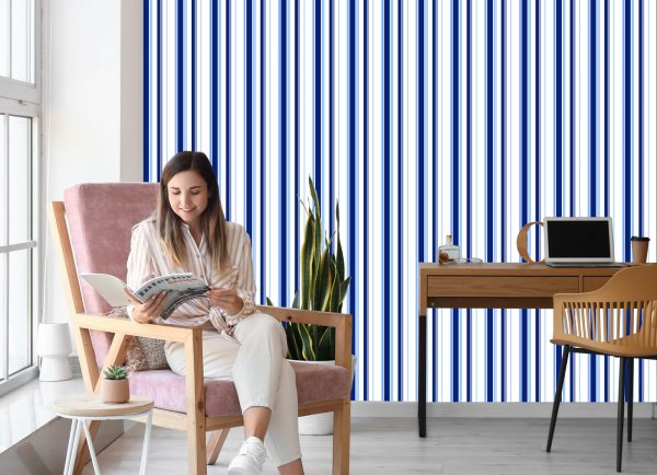 Behang Blauw - Witte Verticale Strepen - Afbeelding 7