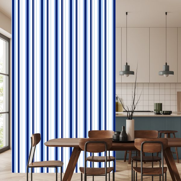Behang Blauw - Witte Verticale Strepen - Afbeelding 4