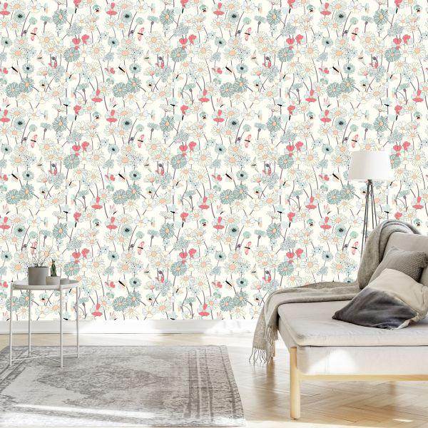 Behang Wilde Bloemen Met Vlinders - Afbeelding 3