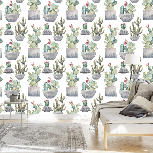 Behang Cactus Met Bloemen - Afbeelding 3