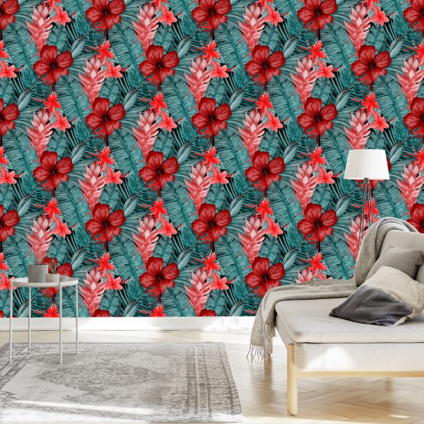 Behang Exotische Bloemen En Bladeren - Afbeelding 3