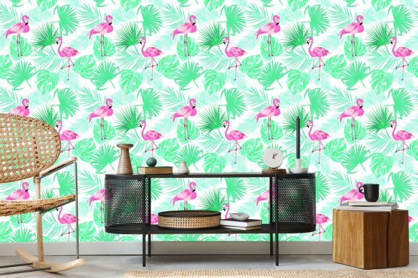Behang Tropische Flamingo's Bladeren - Afbeelding 5