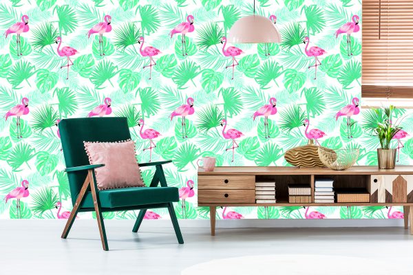 Behang Tropische Flamingo's Bladeren - Afbeelding 6