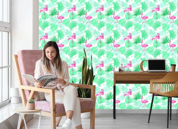 Behang Tropische Flamingo's Bladeren - Afbeelding 7