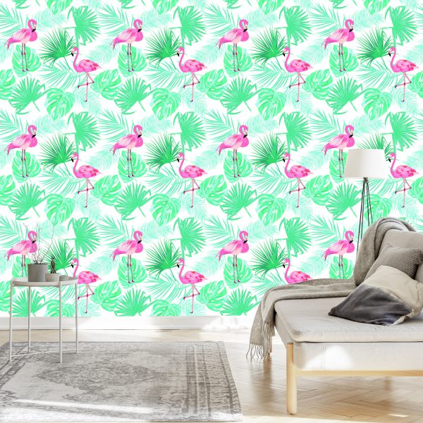 Behang Tropische Flamingo's Bladeren - Afbeelding 3