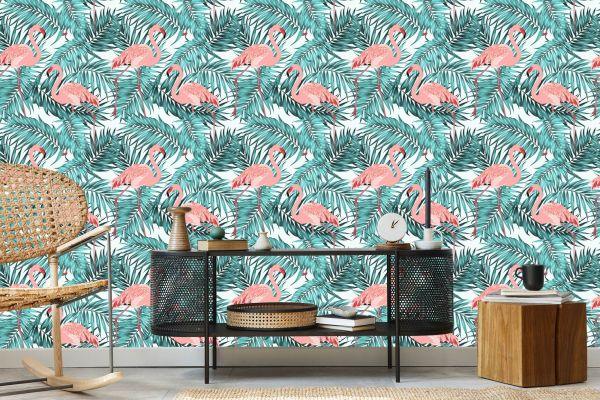 Behang Bladeren Met Flamingo's - Afbeelding 5