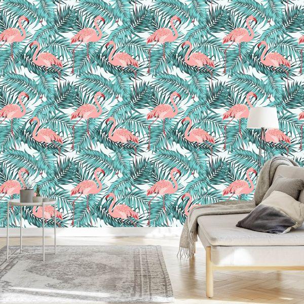 Behang Bladeren Met Flamingo's - Afbeelding 3