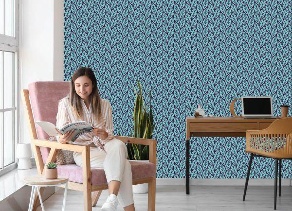 Behang Blauw Bladpatroon - Afbeelding 7