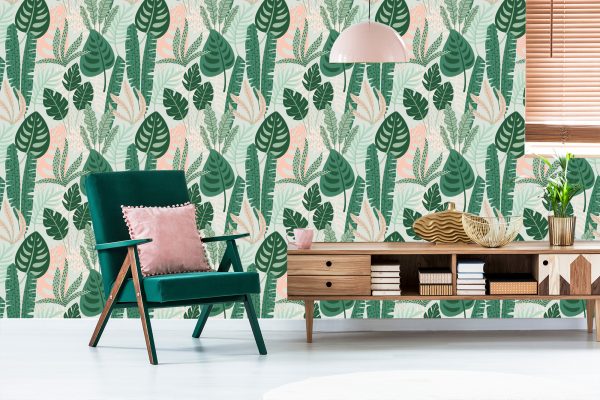 Behang Groene En Roze Bladeren - Afbeelding 6