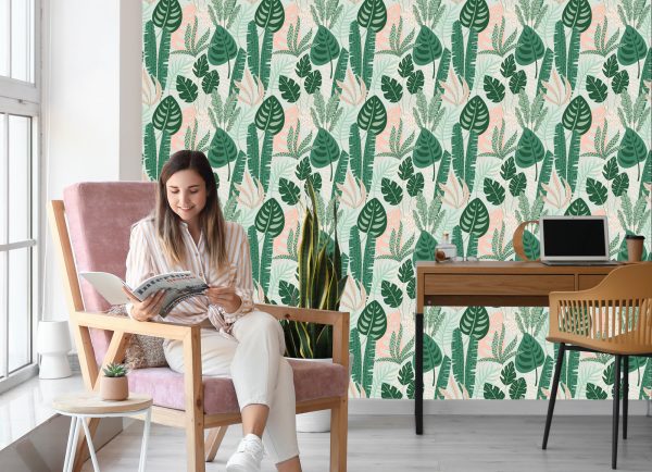 Behang Groene En Roze Bladeren - Afbeelding 7