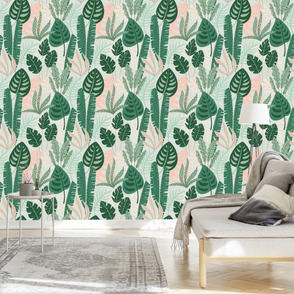 Behang Groene En Roze Bladeren - Afbeelding 3