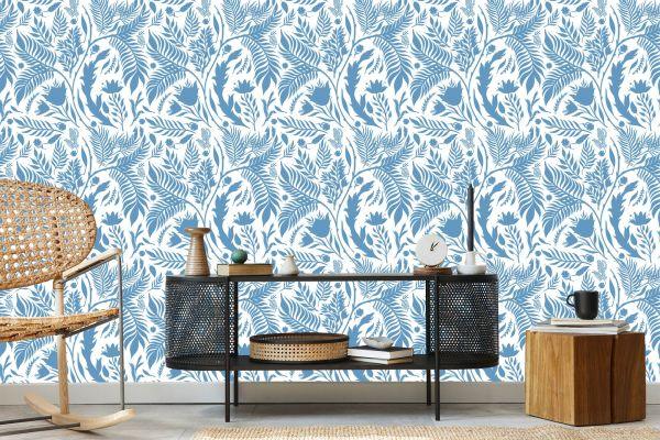 Behang Blauw Thema Met Bladeren - Afbeelding 5