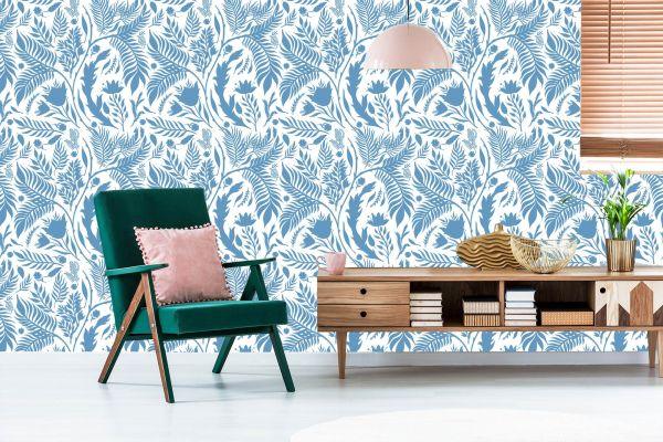 Behang Blauw Thema Met Bladeren - Afbeelding 6