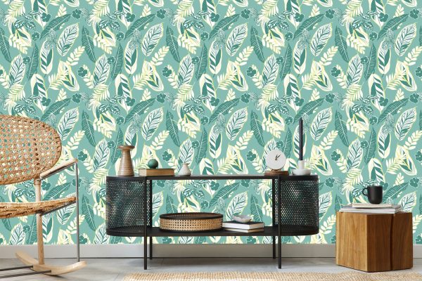 Behang Blauw Patroon Met Bladeren En Bloemen - Afbeelding 5
