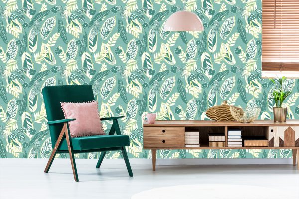 Behang Blauw Patroon Met Bladeren En Bloemen - Afbeelding 6