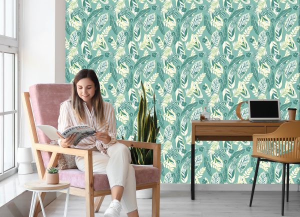 Behang Blauw Patroon Met Bladeren En Bloemen - Afbeelding 7