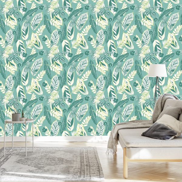 Behang Blauw Patroon Met Bladeren En Bloemen - Afbeelding 3