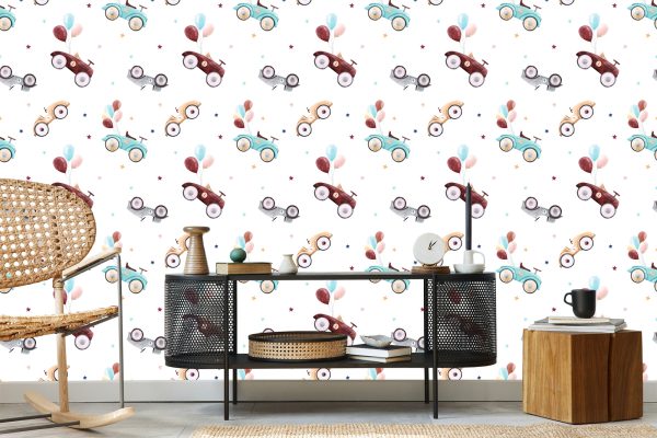 Behang Voor Kinderen - Retro Auto's Beschilderd Met Waterverf - Afbeelding 5