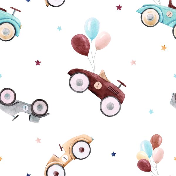 Behang Voor Kinderen - Retro Auto's Beschilderd Met Waterverf - Afbeelding 2