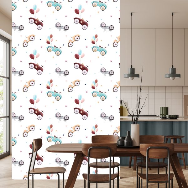 Behang Voor Kinderen - Retro Auto's Beschilderd Met Waterverf - Afbeelding 4